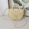 Handgefertigte cremeweiße halbkreisförmige Strohtasche mit Henkel und Kordelzugfutter - 23x8x19cm / Beige - Fester Riemen