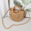 Handgewebte Strohtasche in Naturholzfarbe mit Kordelzugfutter und runden Griffen - 23x8x19cm / Khaki - Fester Riemen