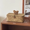 Scatola portaoggetti in erba marina intrecciata con orsetto di peluche, 23x13x9cm - Rettangolare Piccolo (Orsetto Caffè)