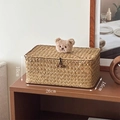 Cesto in erba marina intrecciato con coperchio orso, 26x16x10cm, bottone in legno - Rettangolare Medio (Orsetto Beige)