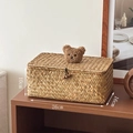 Scatola portaoggetti in erba marina intrecciata a mano con coperchio e decoro orso - Rettangolare Medio (Orsetto Caffè)