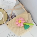 Mini bolso bandolera de paja beige con decoración floral rosa en 3D para niñas y niños - Ancho Superior 24, Ancho Inferior 15, Altura 15, Grosor 8 / Blanco Roto con Girasol Rosa