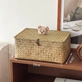 Handwoven seagrass storage basket with cute bear lid and wood button, size 29x19x12cm - Rectangular Large (Beige Bear)
