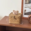 Small handwoven seagrass storage box with teddy bear decor, size 14x14x9cm - Square Small (Beige Bear)