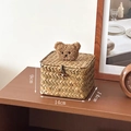 Handwoven seagrass storage box with cute plush bear lid and toggle closure, 14x14x9cm - Square Small (Coffee Bear)
