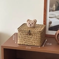 Handwoven seagrass storage box with lid and cute plush bear decor, 17x17x10cm size - Square Medium (Beige Bear)