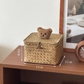 Square seagrass storage basket with a cute bear plush detail and a secure wood button - Square Medium (Coffee Bear)