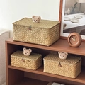 Handwoven seagrass storage basket set with cute plush bear lid and button closure - Rectangular 3-Piece Set - Beige Bear