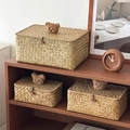 Handwoven seagrass storage basket with cute plush bear lid and wood button closure - Rectangular 3-Piece Set - Coffee Bear