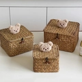 Three-piece set of woven seagrass storage baskets with cute plush bear lids and wood buttons - Square 3-Piece Set - Beige Bear