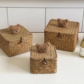 Set of three handmade seagrass storage baskets with cute brown bear lids and toggle closures - Square 3-Piece Set - Coffee Bear
