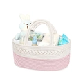 Pink and white cotton rope diaper caddy with woven textures and sturdy handles - 38*25*17 / White & Pink
