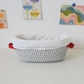 Handmade woven cotton bread basket with white fabric liner and red leather handles - 26*14*9.5 / Dual-Handle Oval / With Cloth Cover / Heather Grey