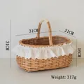 Dettaglio del cesto da picnic in vimini intrecciato a mano con pizzo bianco e manico singolo - Pizzo Bianco-Manico Avvolto Ovale Dritto 31cm