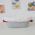 Gray and white woven cotton bread basket with red leather handles and white fabric liner - 26*14*9.5 / Dual-Handle Oval / With Cover and Lid / Heather Grey