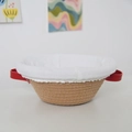 Bread proofing basket with natural woven texture, white cloth liner and red leather handles - 23*9.5 / Dual-Handle Round / With Cloth Cover / Khaki