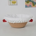 Handwoven bread proofing basket with white linen liner and red leather handles - 23*9.5 / Dual-Handle Round / With Cover and Lid / Khaki