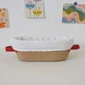 Oval woven proofing basket with white linen liner and red leather handles - 26*14*9.5 / Dual-Handle Oval / With Cloth Cover / Khaki