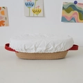Oval woven proofing basket with white cloth liner and red leather handles - 26*14*9.5 / Dual-Handle Oval / With Cover and Lid / Khaki