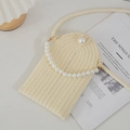 Mini woven crossbody phone bag in cream white with large pearl handle and bead closure - Off-White With Pearl Handle