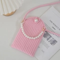 Pink woven handmade mini crossbody bag with pearl button and chic pearl handle strap - Pink With Pearl Handle