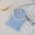 Light blue woven pearl mobile phone bag with braided strap for summer vacation fashion - Blue With Pearl Handle