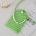 Handmade woven grass green mini crossbody phone bag with white pearl chain strap decor - Green With Pearl Handle
