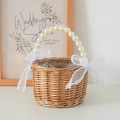 Handmade wicker wedding basket featuring a pearl handle and elegant white organza bows - Pearl Handle Basket + Double Fishtail Yarn 15*10
