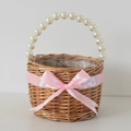 Handwoven flower girl basket with pearl handle and pink ribbon for wedding gifts - Pearl Handle Basket + Pink Bow 15*10