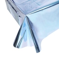 Detail of light blue metallic foil tablecloth showing reflective texture and drape for parties - Blue Small Tablecloth
