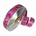 Cinta navideña rojo rosa con espirales de purpurina plateada y bordes metálicos en rollo - 100 Yards Rose Red Swirl Ribbon / Rosa rojo