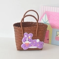 Brown woven tote bag with a cute purple bunny plush patch and pink bow detail - Short Handle Coffee Color - Purple Rabbit