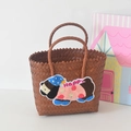 Brown hand-woven tote bag with a cute cartoon dog patch and HAPPY lettering details - Short Handle Coffee Color - Happy Dog