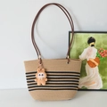 Minimalist straw tote bag with black stripes and brown rabbit charm decoration - Khaki And Black Striped And Brown Rabbit Charm