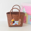 Handwoven brown basket bag with a cute cartoon puppy embroidery and thick handles - Short Handle Coffee Color - Crown Dog