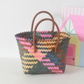 Handwoven multicolor striped tote bag with sturdy brown circular handles for daily commute - Short Handle Six Colors - Plain