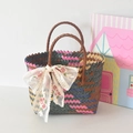 Handwoven colorful basket tote with pink lace bow and multi-color pattern - Short Handle Six Colors - Ribbon