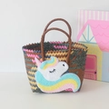 Handwoven colorful basket bag with rainbow unicorn patch and sturdy brown handles - Short Handle Six Colors - Unicorn