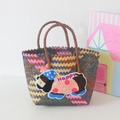 Handwoven colorful basket tote bag with a cute cartoon dog plush patch and happy embroidery - Short Handle Six Colors - Happy Dog