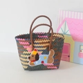 Handwoven basket tote bag with puppy patch embroidery and colorful geometric texture - Short Handle Six Colors - Crown Dog