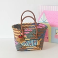 Handwoven colorful striped tote bag with cute dachshund embroidery and round handles - Short Handle Six Colors - Dachshund