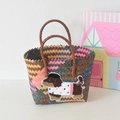 Handwoven colorful basket tote bag featuring a cute cartoon dachshund patch with top handles - Short Handle Six Colors - Spotted Dog
