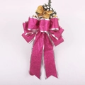 Fiocco di Natale magenta scintillante con fiori dorati, aghi di pino e bordo argento - 25cm Fiocco Rosa Scuro