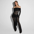Sexy black floral lace off-shoulder long sleeve jumpsuit with flared legs and slim fit - S / Black