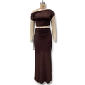 Women's dark brown two-piece set featuring a one-shoulder crop top and high waist maxi skirt - S / Brown