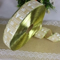 Golden Christmas faux linen ribbon roll with white reindeer and snowflake prints - 100 Yards Yellow Cloth Gold Edge Ribbon / Yellow