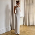 Elegant white bodycon maxi dress with gold ring halter neck for formal summer events - M / White