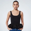 Detail of black square neck sleeveless top with a voluminous ruffled peplum hem - S / Black