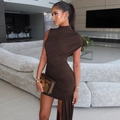 Brown ruched bodycon dress with asymmetric tail and high neck for elegant parties - S / Coffee