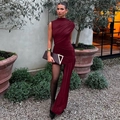 Detailed view of ruched burgundy sleeveless dress with long asymmetrical sash detail - S / Burgundy